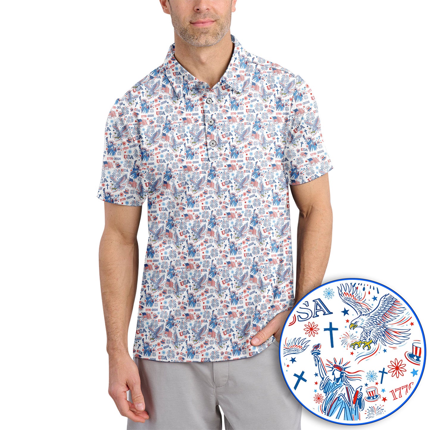 USA 1776–2026 Pattern Golf Polos, Eagle & Liberty Golf Shirt For Golfer, 4th of July Golf Shirts