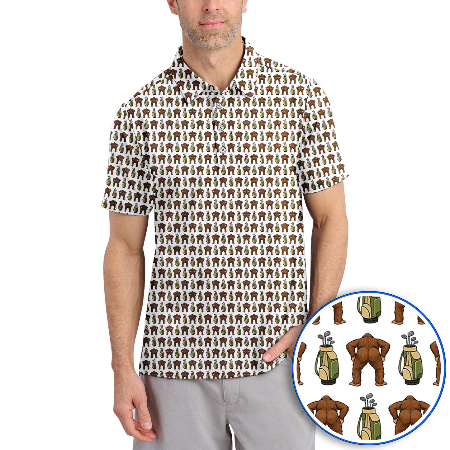 Bigfoot Pattern Golf Polos, Funny Sasquatch Golf Shirt, Golf Gift For Men