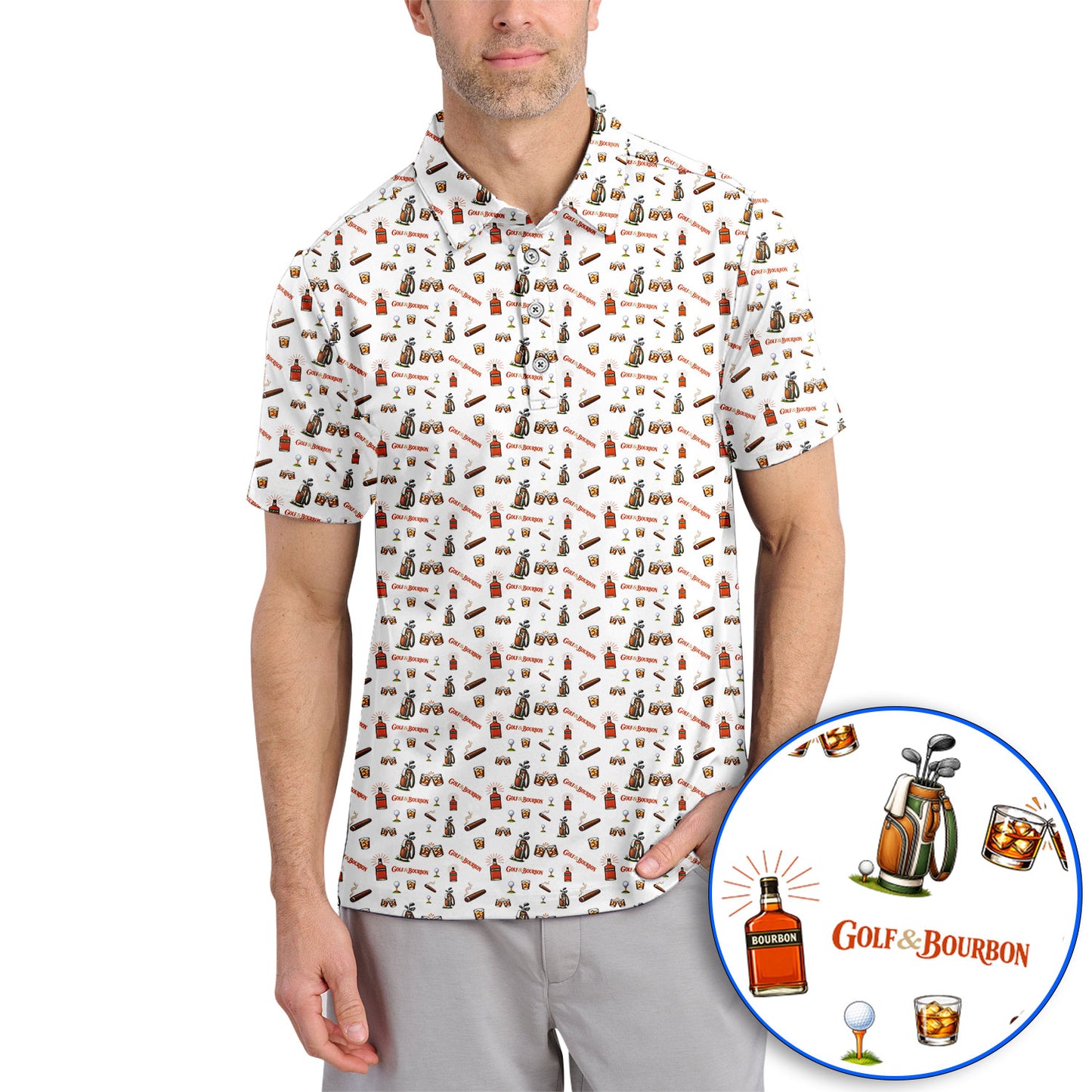 Golf & Bourbon Pattern Polos, Funny Golf Shirt For Golfer, Golfer Whiskey Shirt