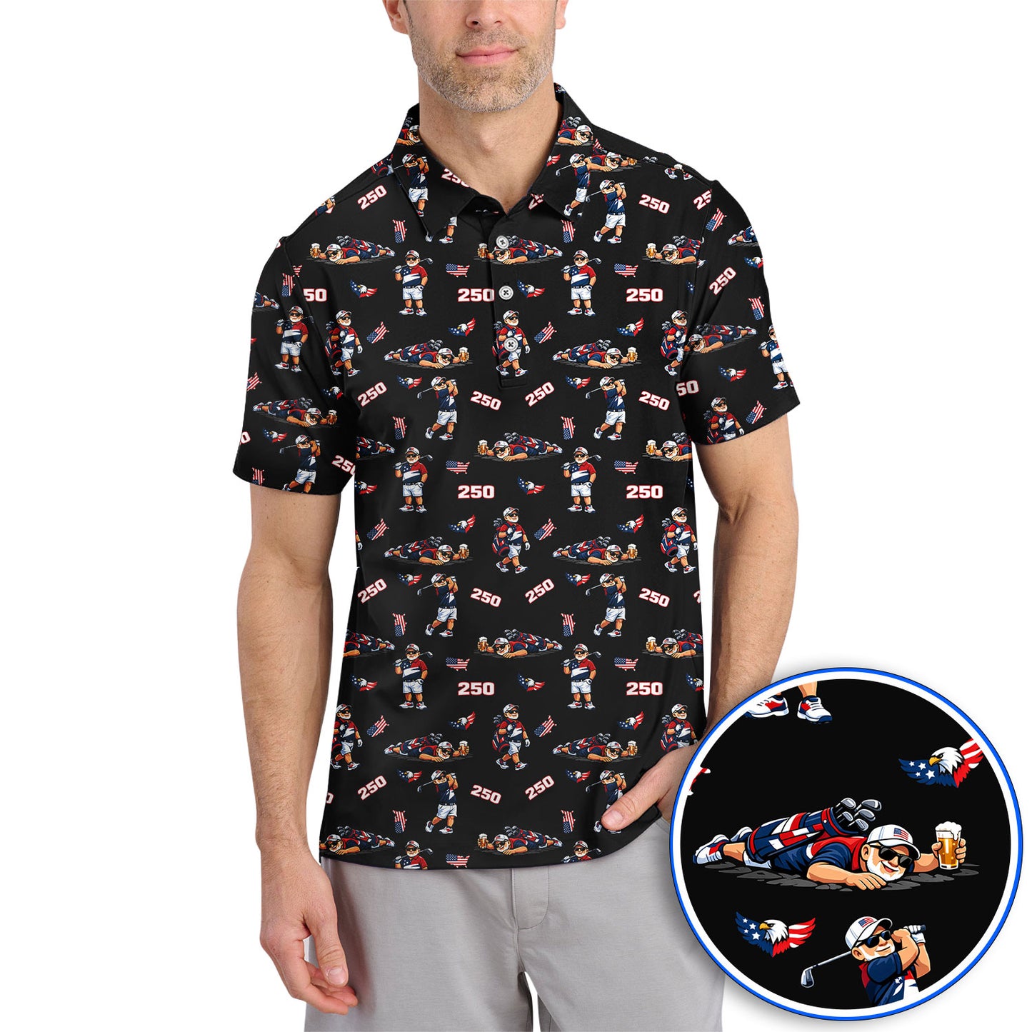 Funny Patriotic USA And Beer Pattern Golf Polos, America 250th Golf Shirt, Golf Gift For Golfer