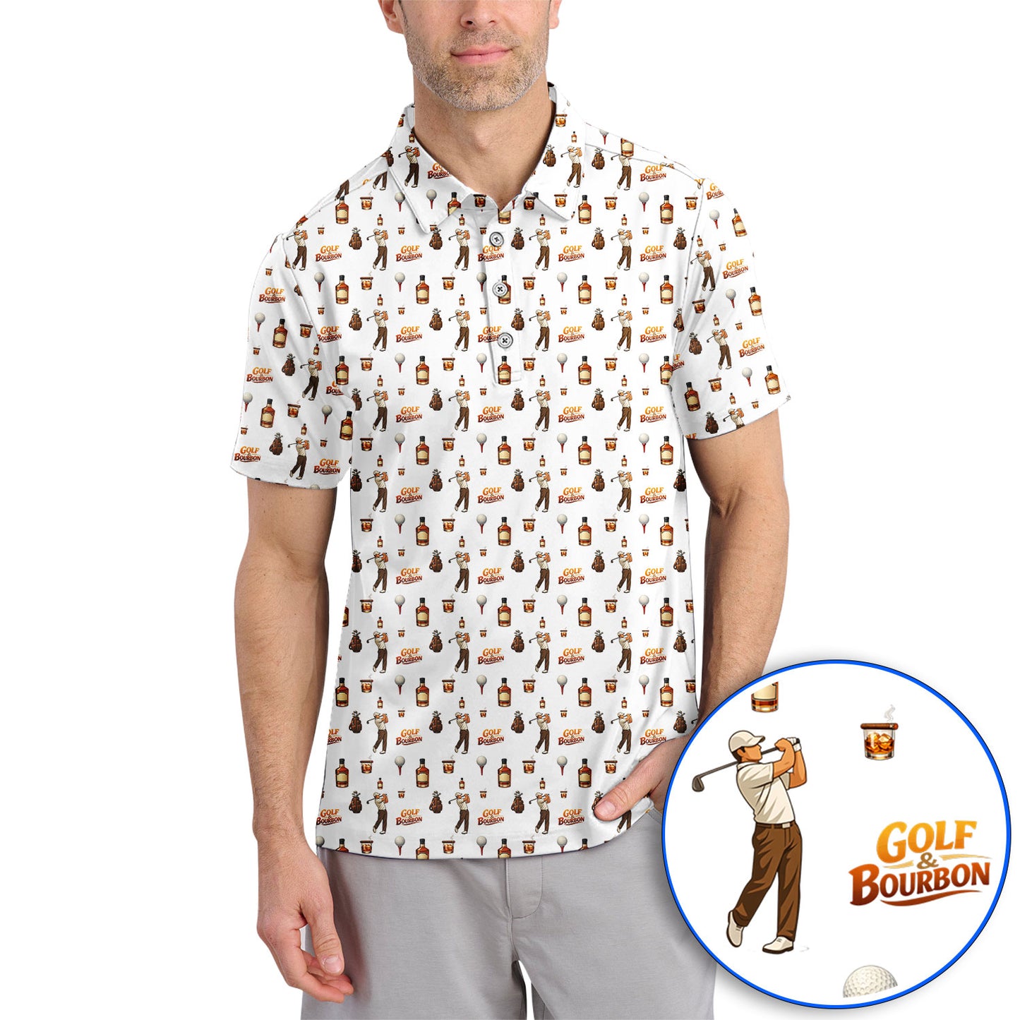 Crazy Golf Shirt For Men, Golf & Bourbon Pattern Golf Polos, Funny Golf Gift For Golfer