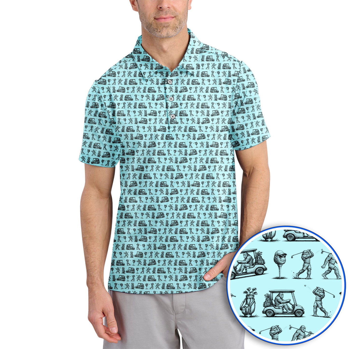 Funny Bigfoot Pattern Golf Polos, Sasquatch Golf Shirt For Men, Crazy Golf Gift For Golfer