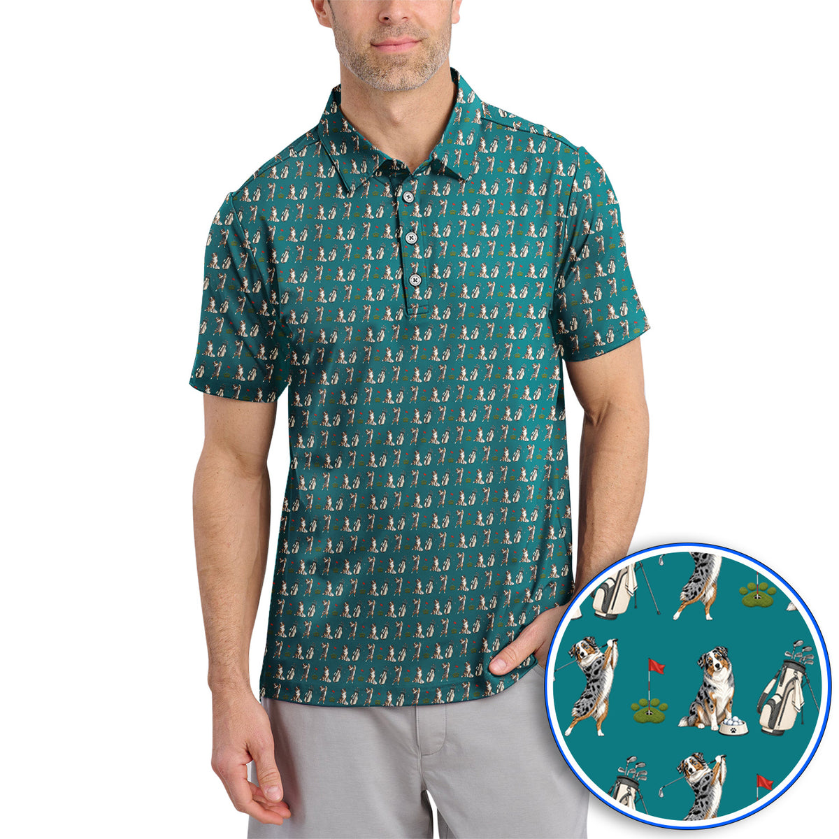 Australian Shepherd Pattern Golf Polos, Aussie Dog Golf Shirt, Crazy Golf Gift For Golfer