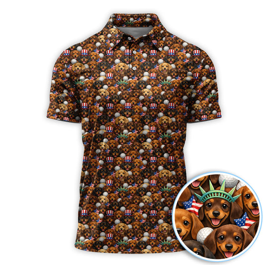 Dachshund USA 250th Pattern Golf Shirt, Wiener Dog Golf Polos For Men, Funny Golf Shirt For Golfer