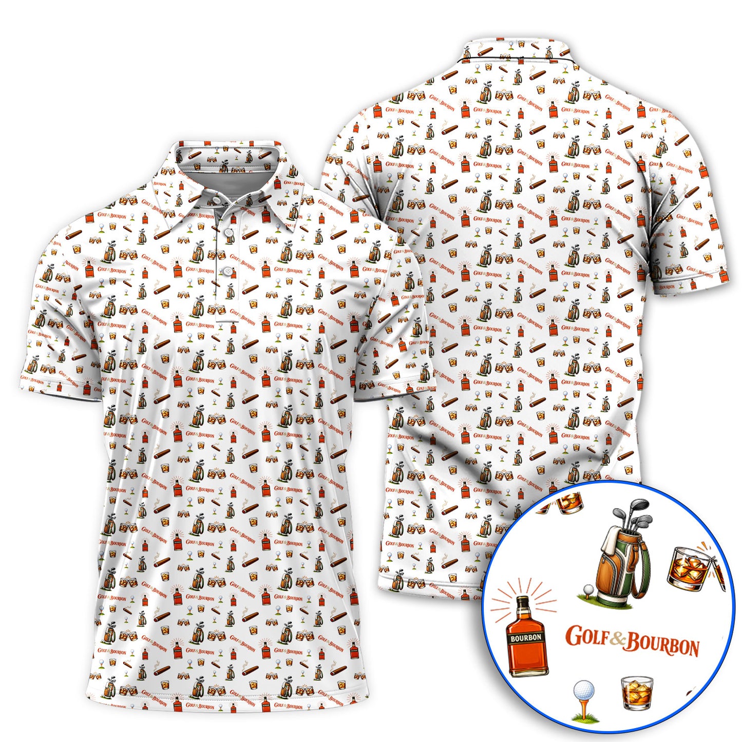 Golf & Bourbon Pattern Polos, Funny Golf Shirt For Golfer, Golfer Whiskey Shirt