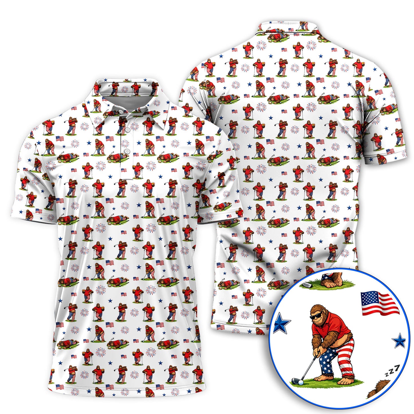 Funny Sasquatch Golf Polos, Patriotic Bigfoot USA Pattern Golf Shirt, Golf Gift For Golfer