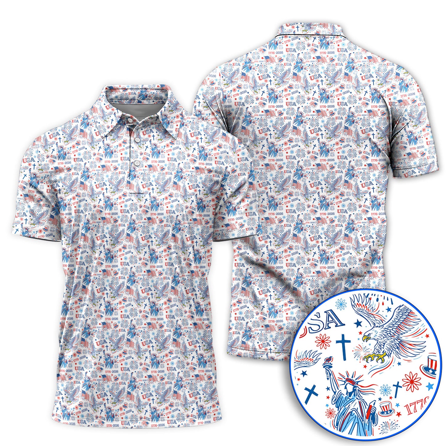 USA 1776–2026 Pattern Golf Polos, Eagle & Liberty Golf Shirt For Golfer, 4th of July Golf Shirts