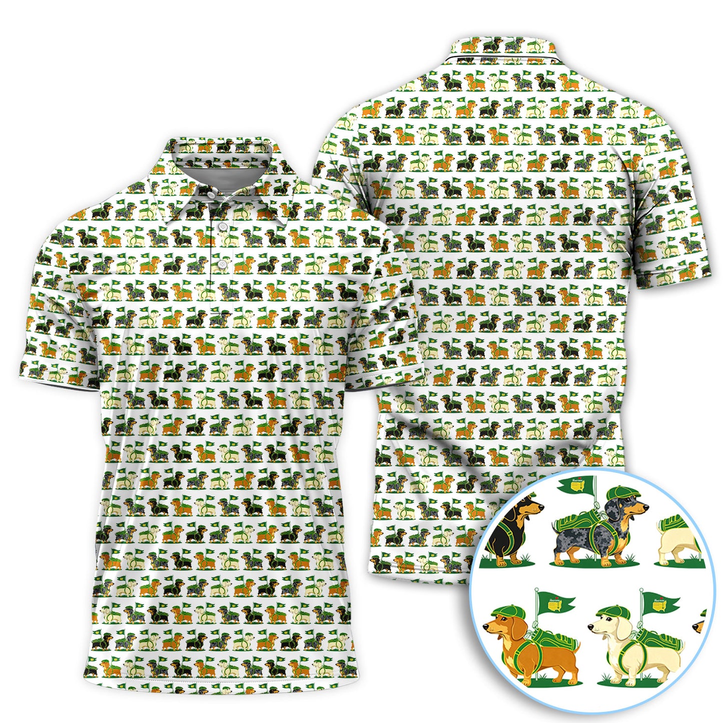 Dachshund Masters Golf Polos For Men, Wiener Dog Pattern Golf Shirt, Crazy Golf Shirt For Golfer