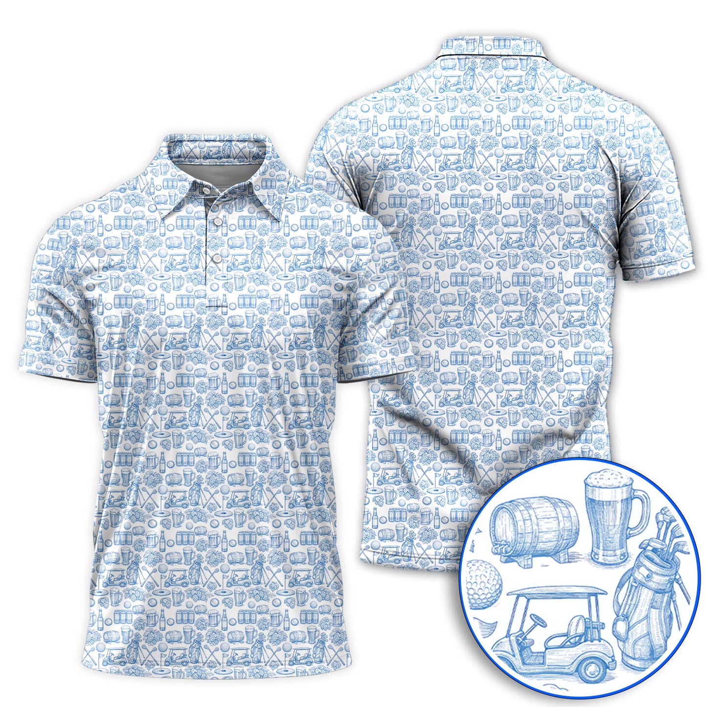 Toile De Jouy Pattern Golf Polos,  Funny Beer Golf Shirt For Men, Golf Gift For Golfer