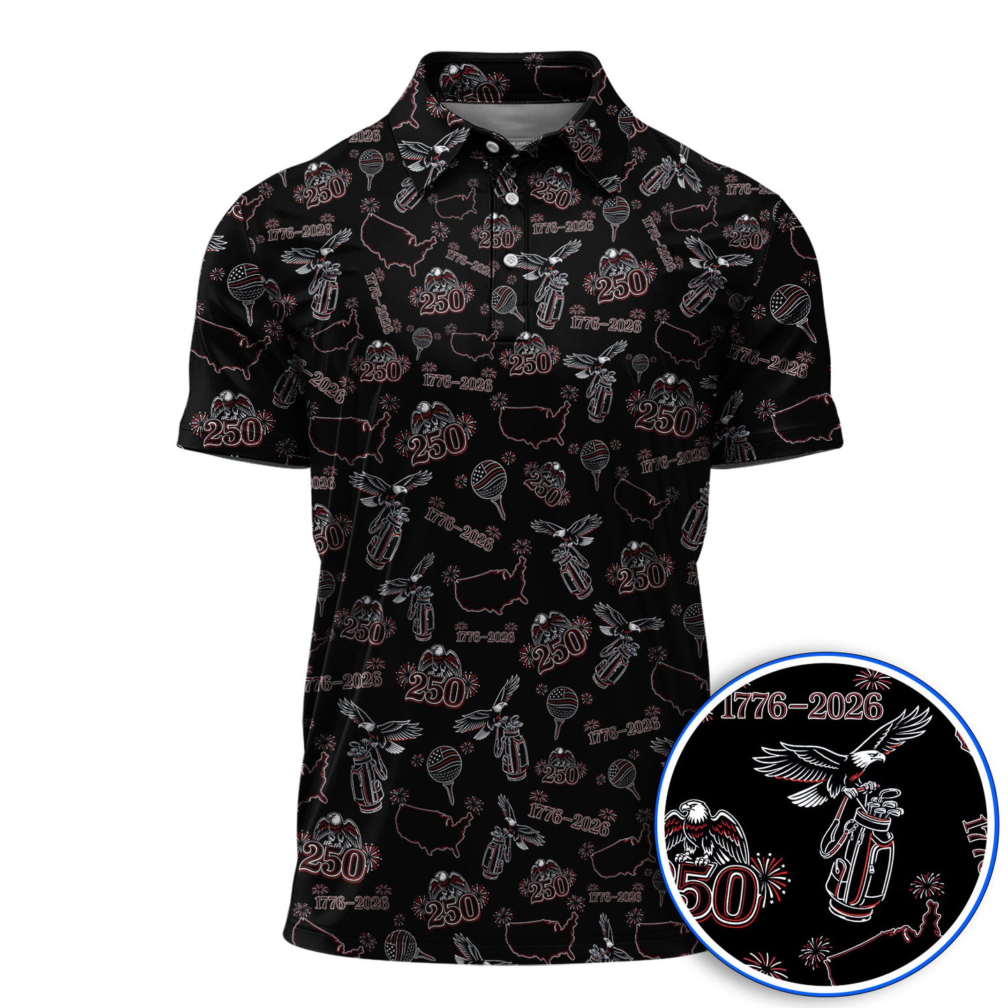 USA Patriotic Eagle Golf Polos, 1776–2026 America 250th Pattern Golf Shirt For Golfer, Crazy Golf Shirt