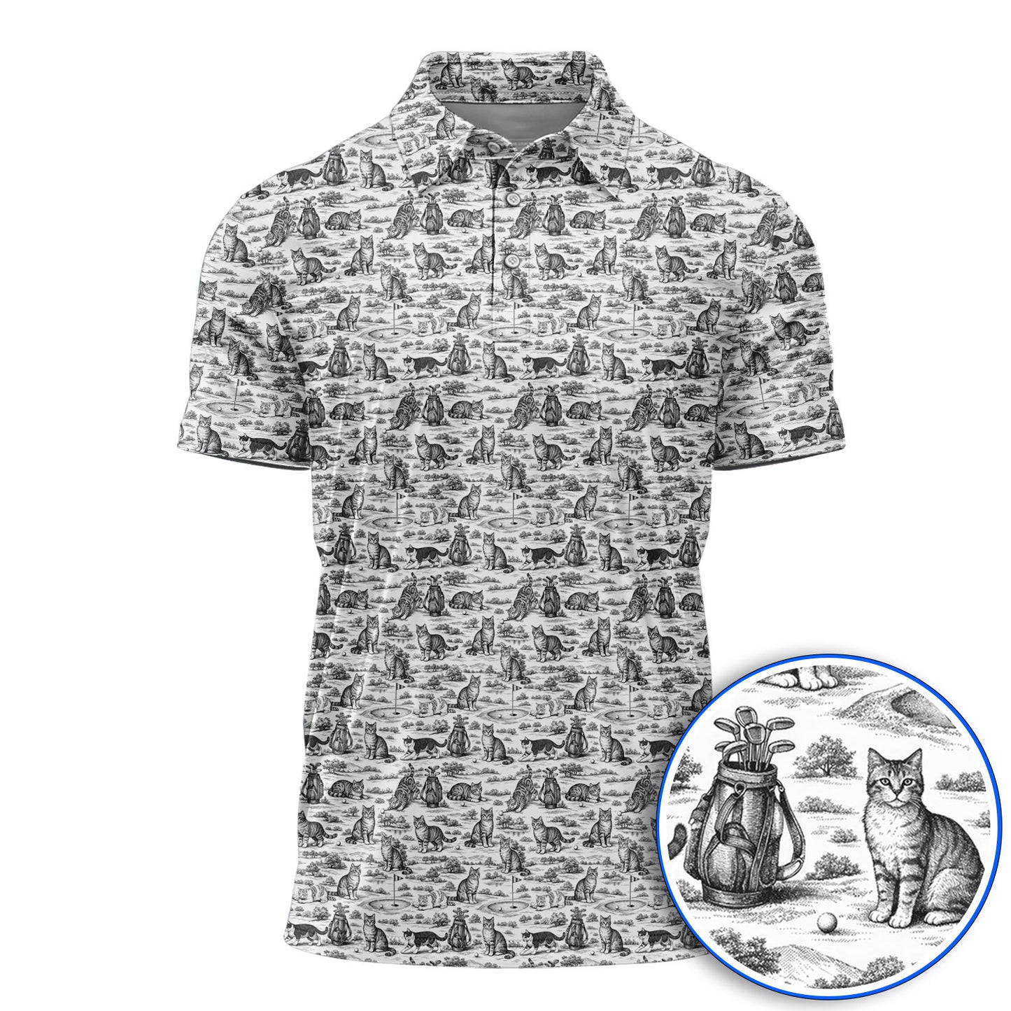 Toile De Jouy Pattern Golf Polos, Crazy Cat Golf Shirt For Golfer, Golf Gift For Pet Lover