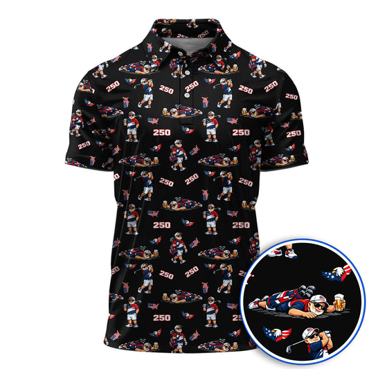 Funny Patriotic USA And Beer Pattern Golf Polos, America 250th Golf Shirt, Golf Gift For Golfer