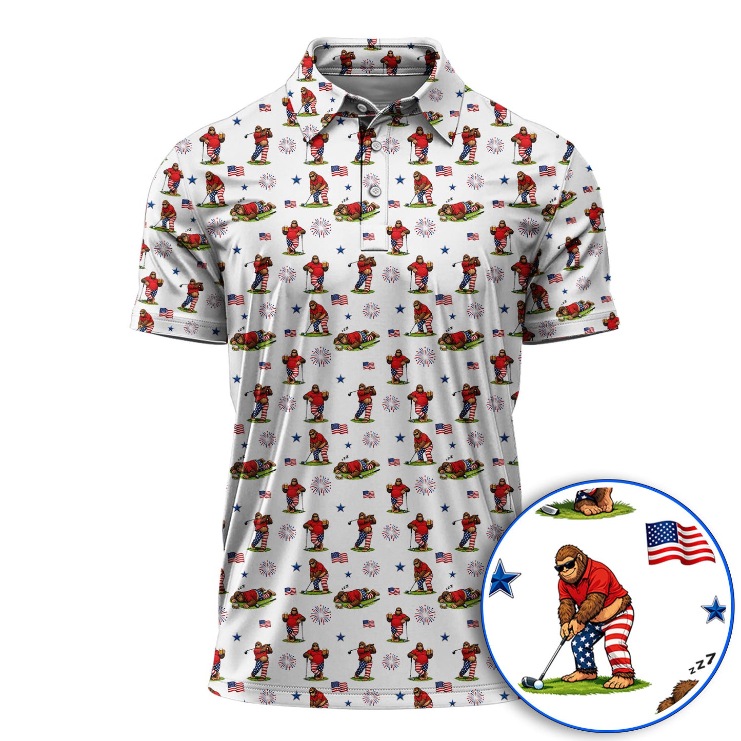 Funny Sasquatch Golf Polos, Patriotic Bigfoot USA Pattern Golf Shirt, Golf Gift For Golfer