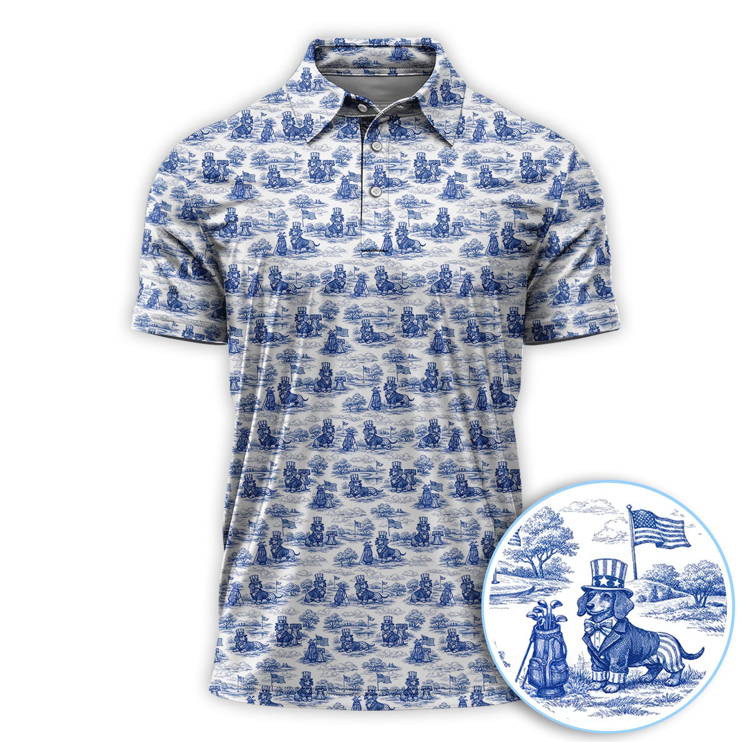 Toile De Jouy Dachshund Golf Polos, USA Wiener Dog Pattern Golf Shirt ...