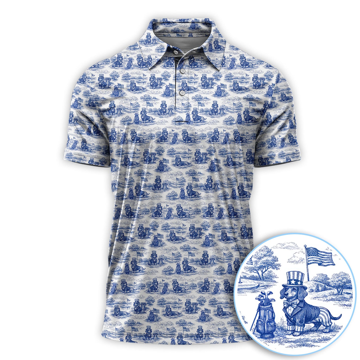 Toile De Jouy Dachshund Golf Polos, USA Wiener Dog Pattern Golf Shirt, Golf Gift For Men