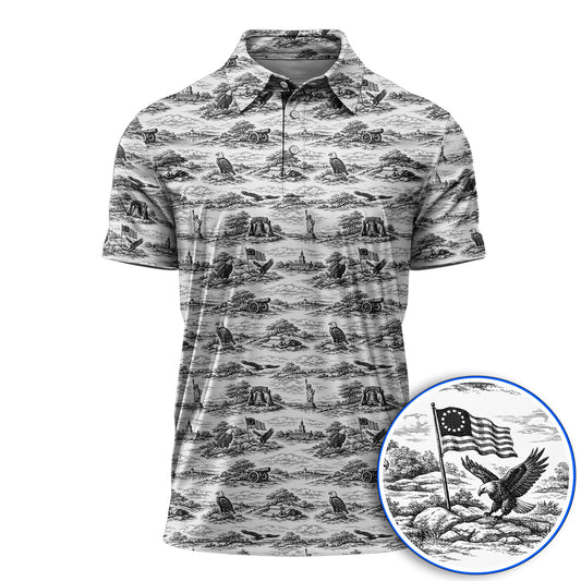 America 250th Patriotic Golf Polos, USA Toile De Jouy Pattern Golf Shirt For Golfer, Crazy Golf Shirt