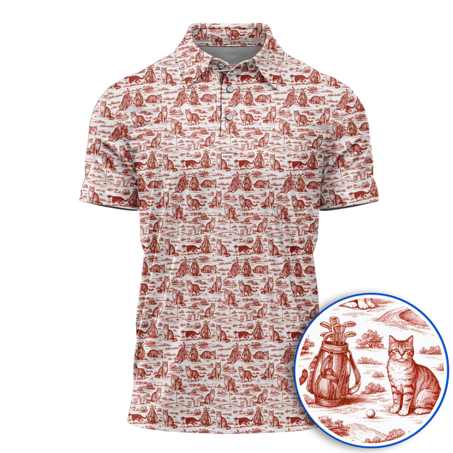 Toile De Jouy Pattern Golf Polos, Crazy Cat Golf Shirt For Golfer, Golf Gift For Pet Lover