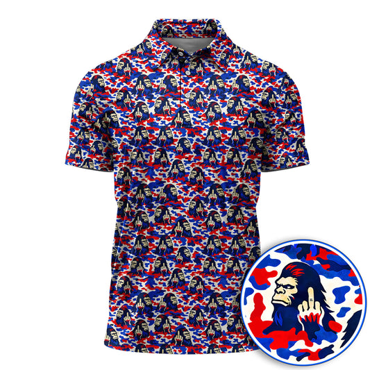 Funny Patriotic Bigfoot Golf Polos , USA Camo Sasquatch Golf Shirt, Golf Gift For Golfer