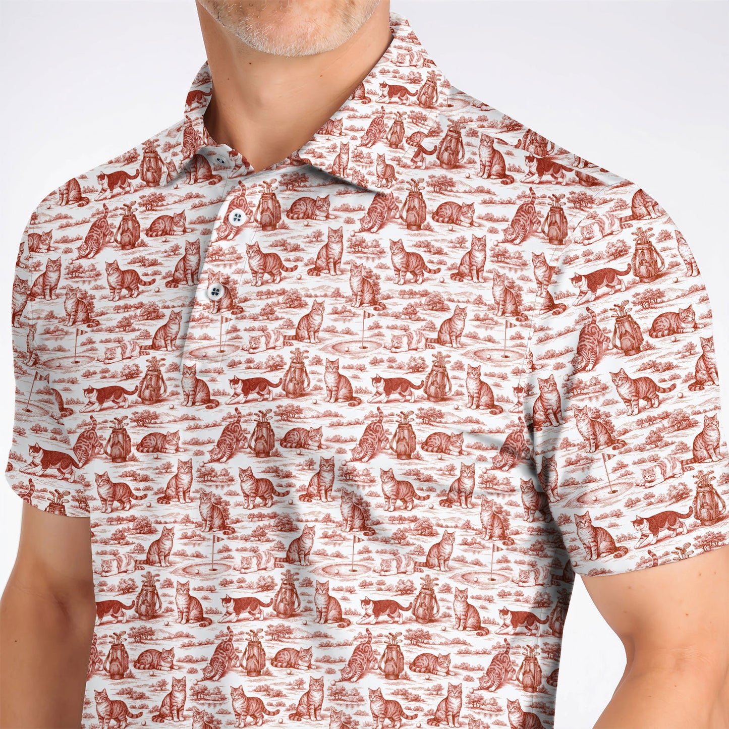 Toile De Jouy Pattern Golf Polos, Crazy Cat Golf Shirt For Golfer, Golf Gift For Pet Lover