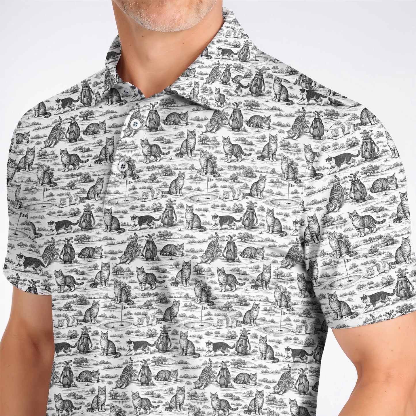 Toile De Jouy Pattern Golf Polos, Crazy Cat Golf Shirt For Golfer, Golf Gift For Pet Lover