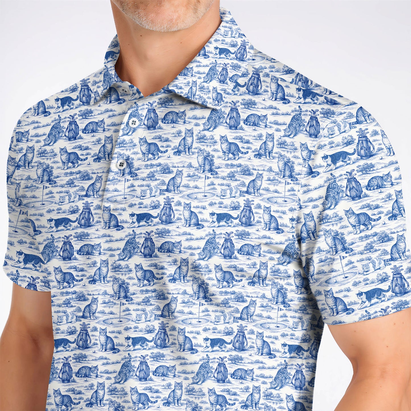 Toile De Jouy Pattern Golf Polos, Crazy Cat Golf Shirt For Golfer, Golf Gift For Pet Lover