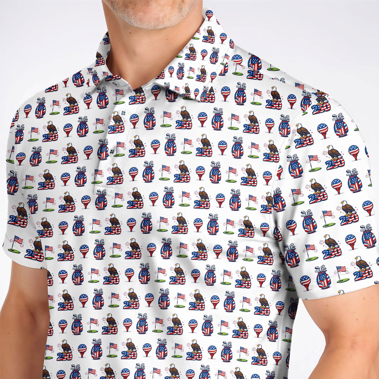 American Freedom Pattern Golf Shirt, USA 250 Eagle & Flag Pattern Golf Polos, Crazy Golf Gift For Golfer
