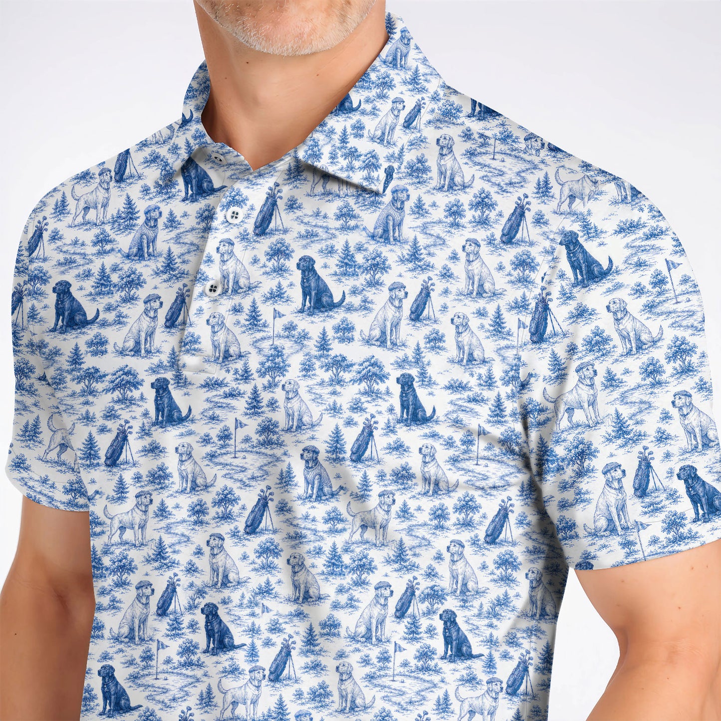 Labrador Toile De Jouy Pattern Golf Shirt, Classic Dog Lover Golf Polos, Luxury Golf Gift For Golfer