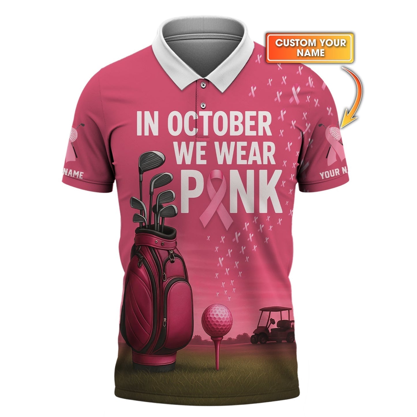Personalized Breast Cancer Golf Shirt, In October We Wear Pink Shirt With Custom Name, Pink Golf Shirt For Golfer