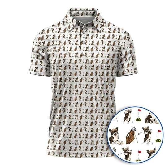 Brindle Corgi Pattern Golf Shirt For Golfer, Funny Corgi Golf Polos, Dog Golf Gift