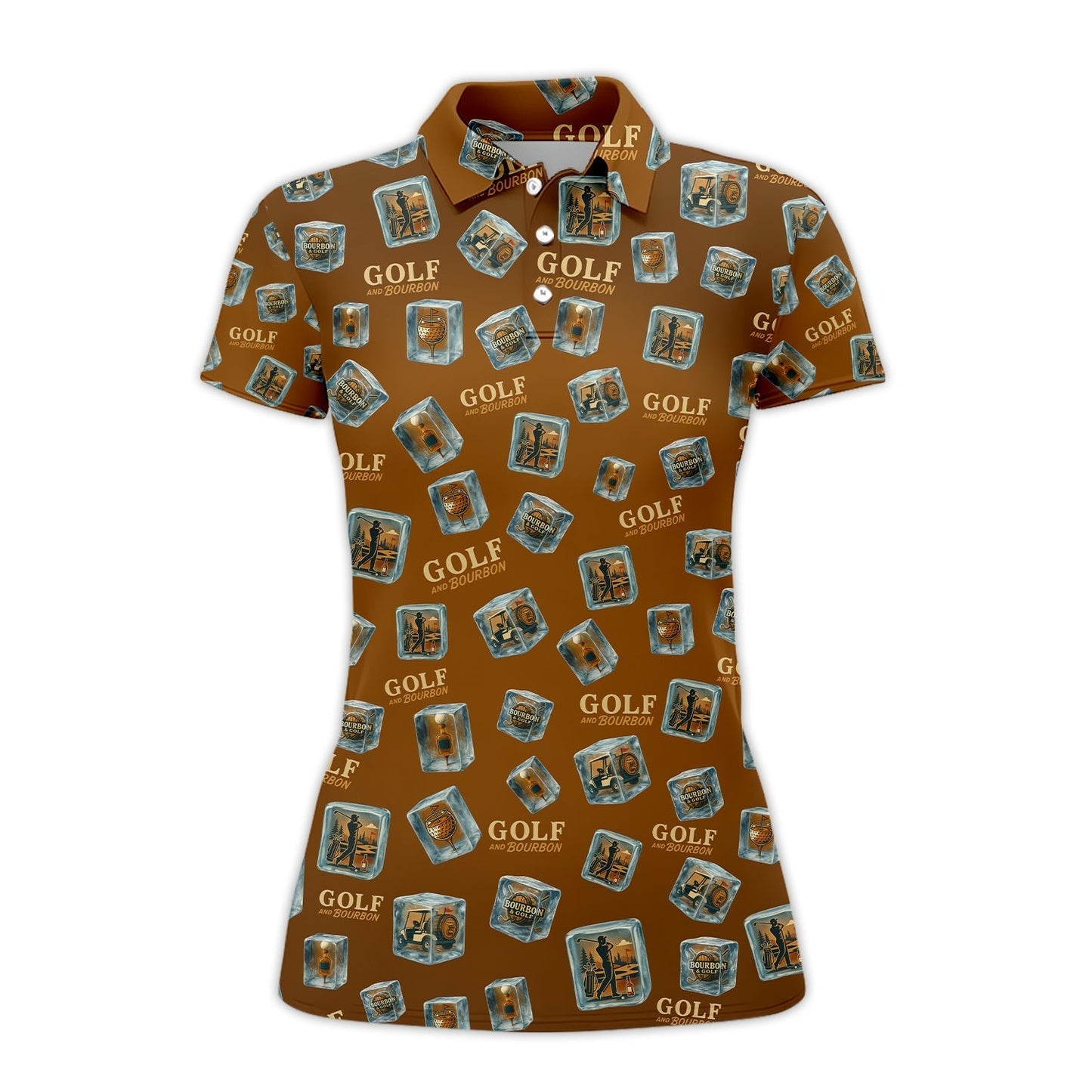 Funny Golf And Bourbon Polos, Brown Golf Shirt with Whiskey Ice Cube For Men, Pattern Crazy Golf Shirts For Golfers