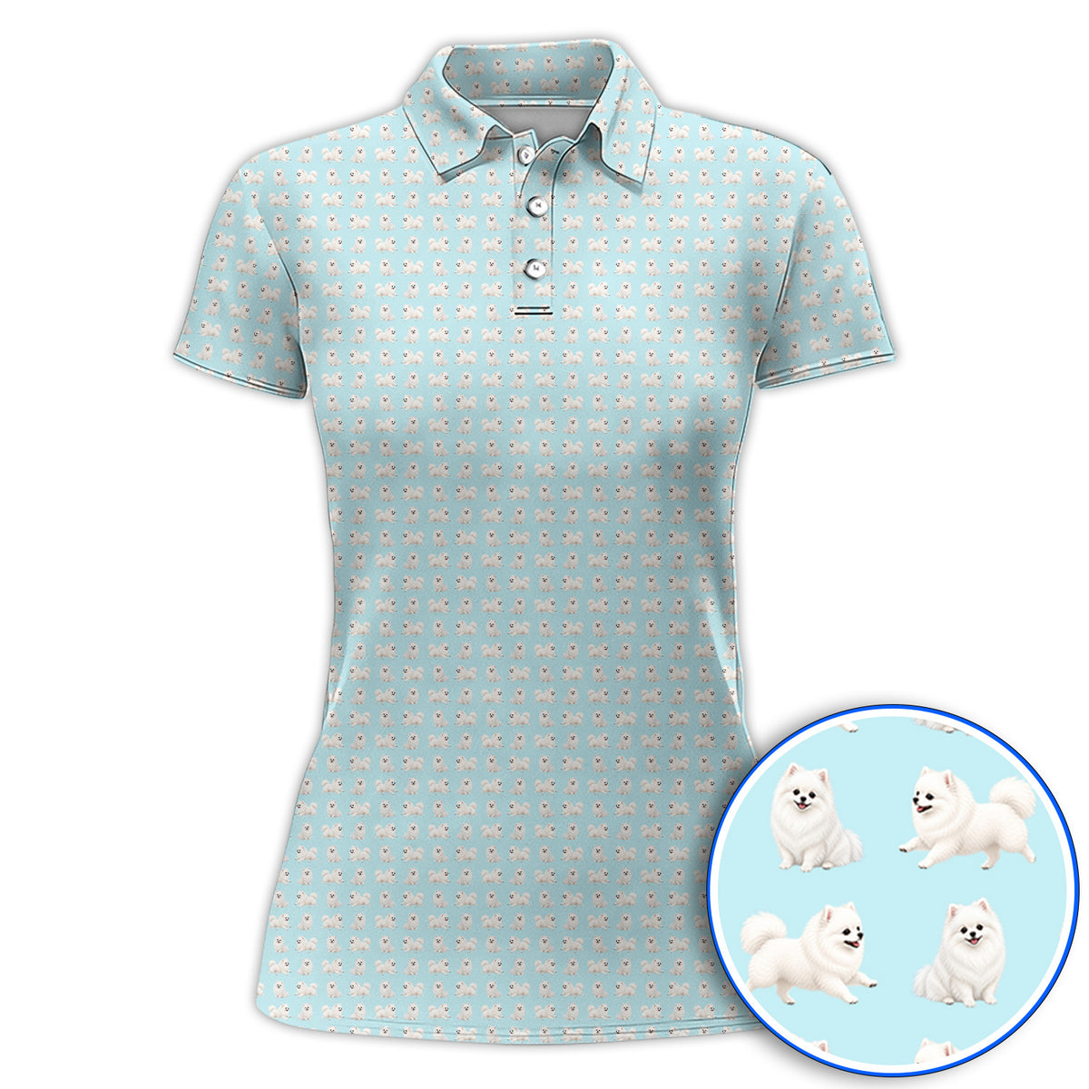 White Pomeranian Pattern Golf Polos, Cute Pomeranian Dog Golf Shirt, Crazy Golf Gift For Golfer