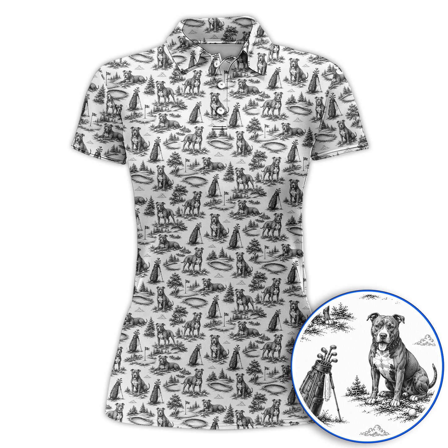 Crazy Pit Bull Golf Polos For Golfer, Toile de Jouy Pit Bull Pattern Golf Shirt, Dog Lover Golf Gift