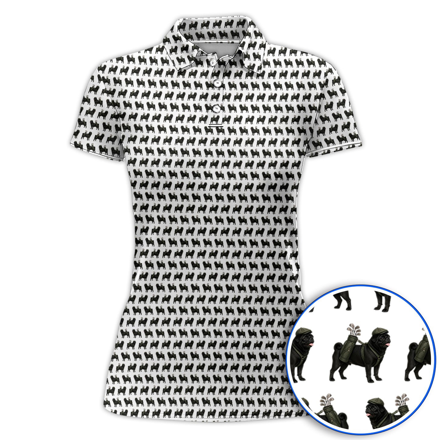 Black Pug Pattern Golf Polos, Funny Pug Golf Shirt, Golf Gift For Golfer