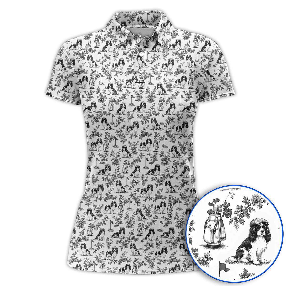 Funny Cavalier King Charles Spaniel Golf Polos, Toile de Jouy Cavalier Pattern Golf Shirt, Golf Gift For Golfer