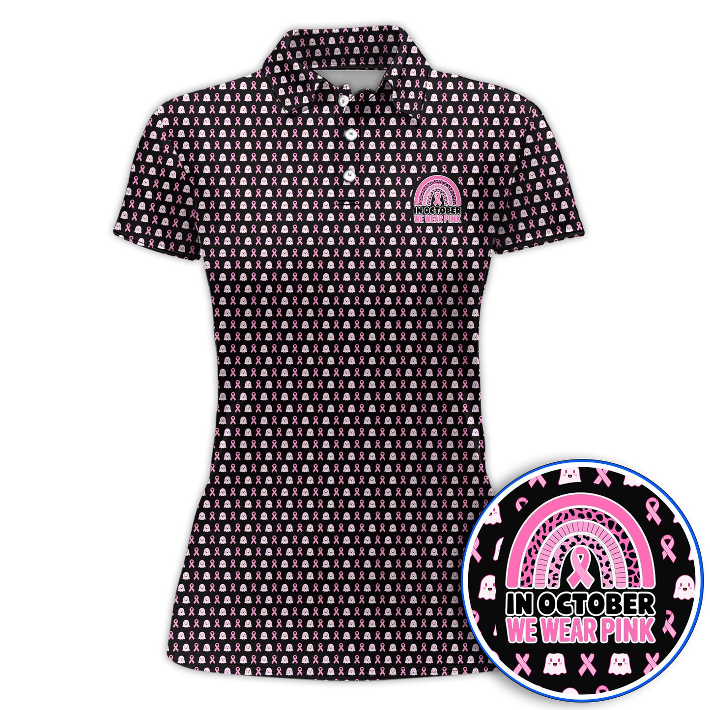 Breast Cancer Awareness Golf Polos, In October We Wear Pink Pattern Golf Shirt, Pink Ribbon Golf Gift for Breast Cancer Support
