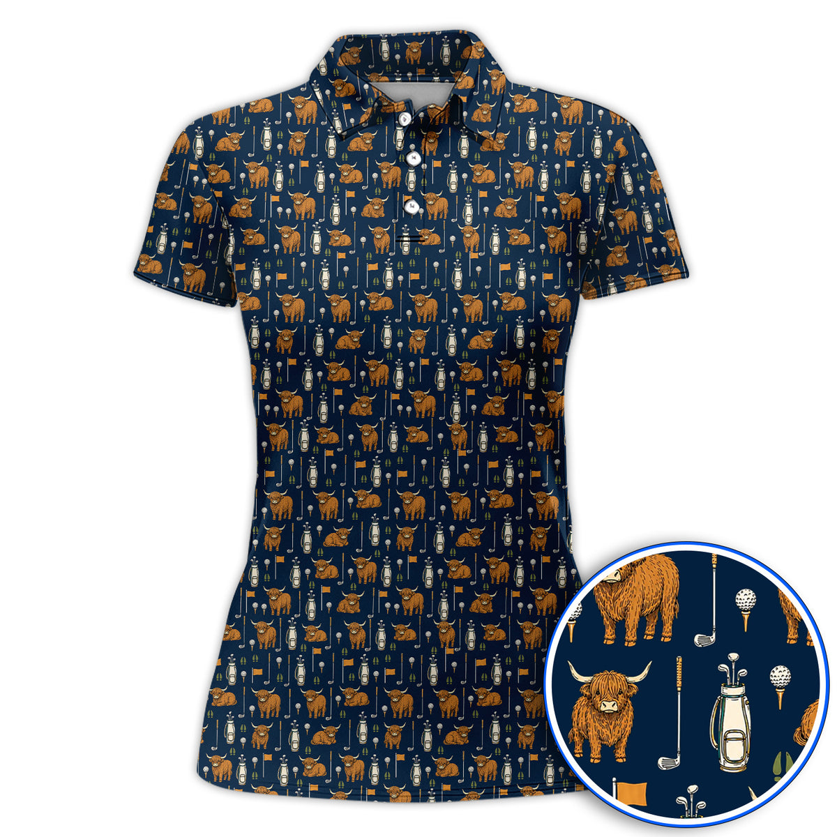 Highland Cow Fairway Polos, Highland Cow Golf Pattern Shirt, Golf Gift For Golfer