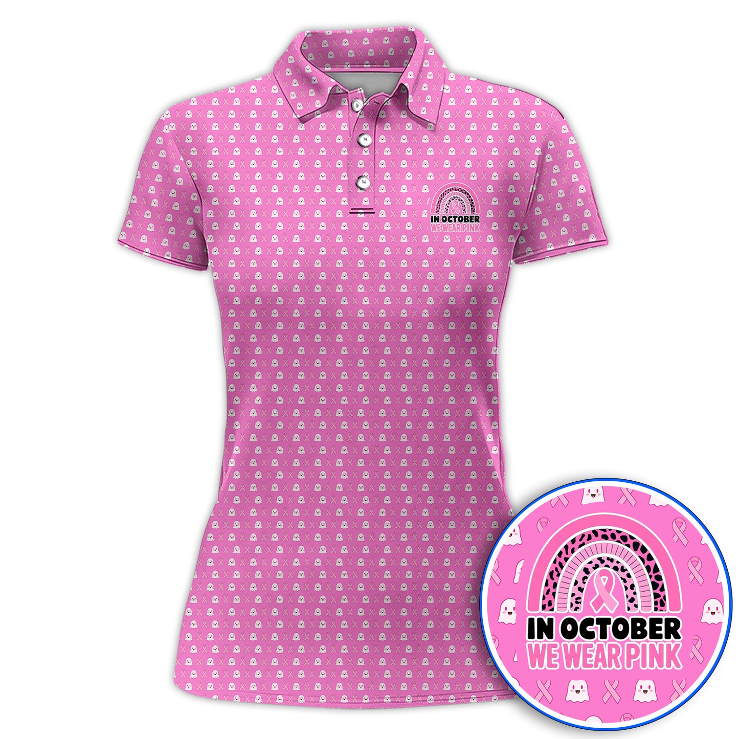 Breast Cancer Awareness Golf Polos, In October We Wear Pink Pattern Golf Shirt, Pink Ribbon Golf Gift for Breast Cancer Support