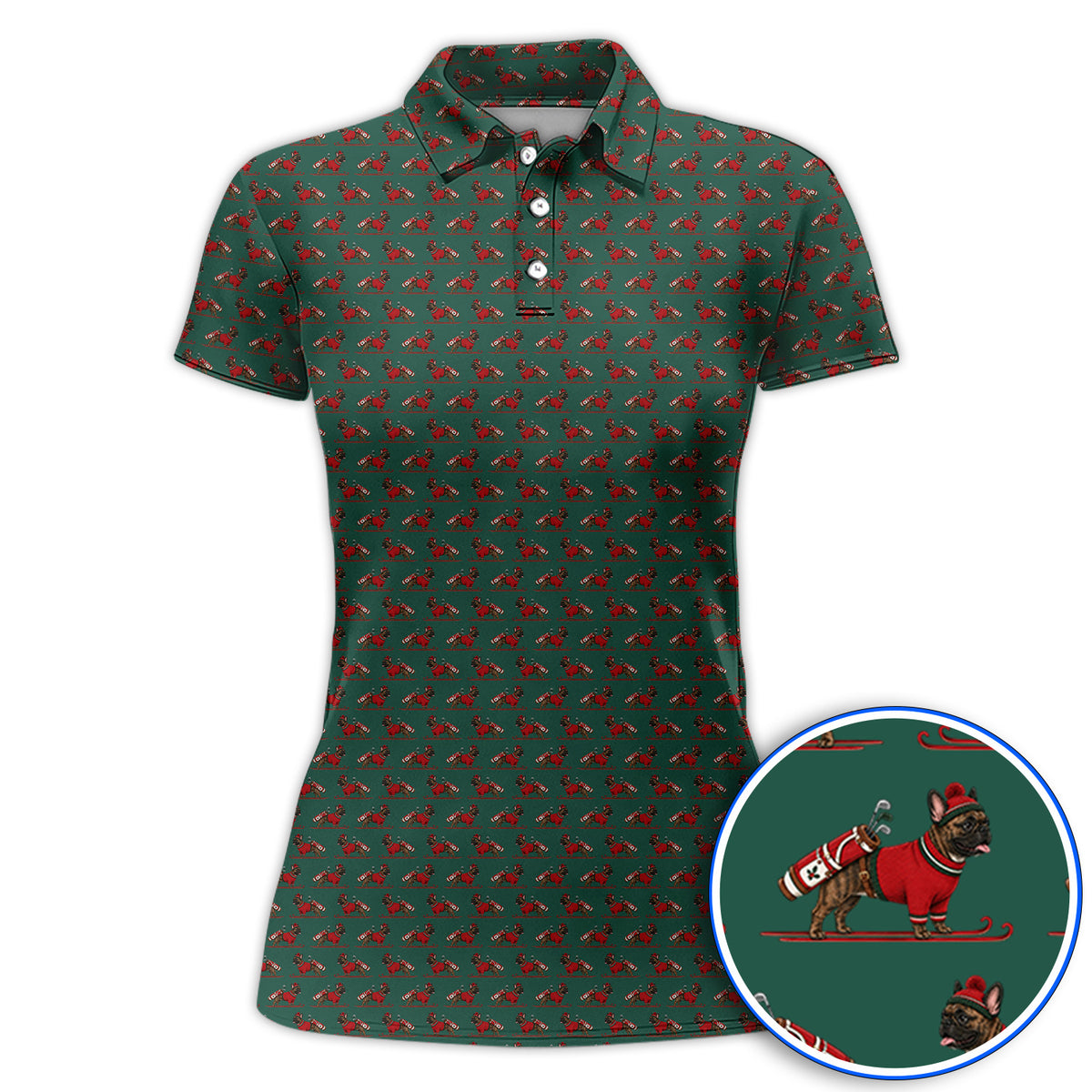 French Bulldog Holiday Golf Polos, Christmas Dog Pattern Golf Shirt, Festive Golf Gift for Golfers