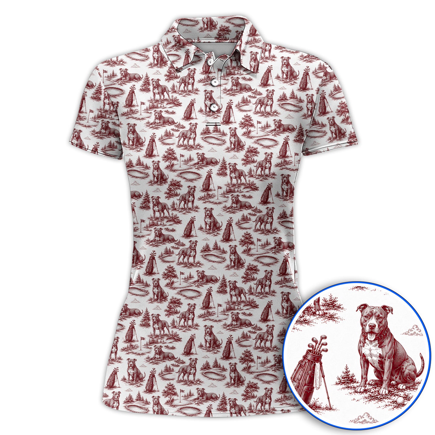 Crazy Pit Bull Golf Polos For Golfer, Toile de Jouy Pit Bull Pattern Golf Shirt, Dog Lover Golf Gift