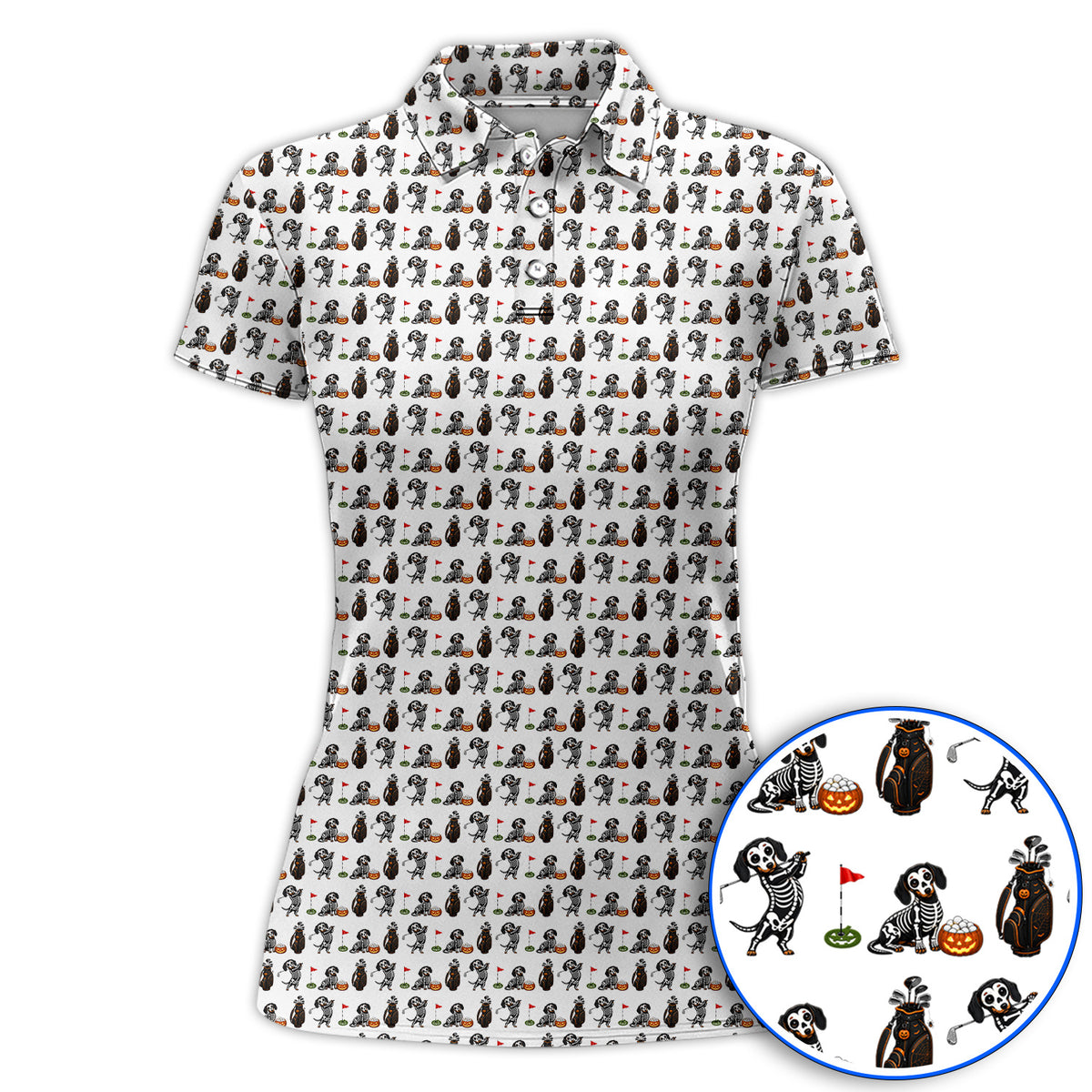 Halloween Dachshund Golf Polos, Skeleton Wiener Dog Pattern Golf Shirt, Funny Golf Gift for Golfer