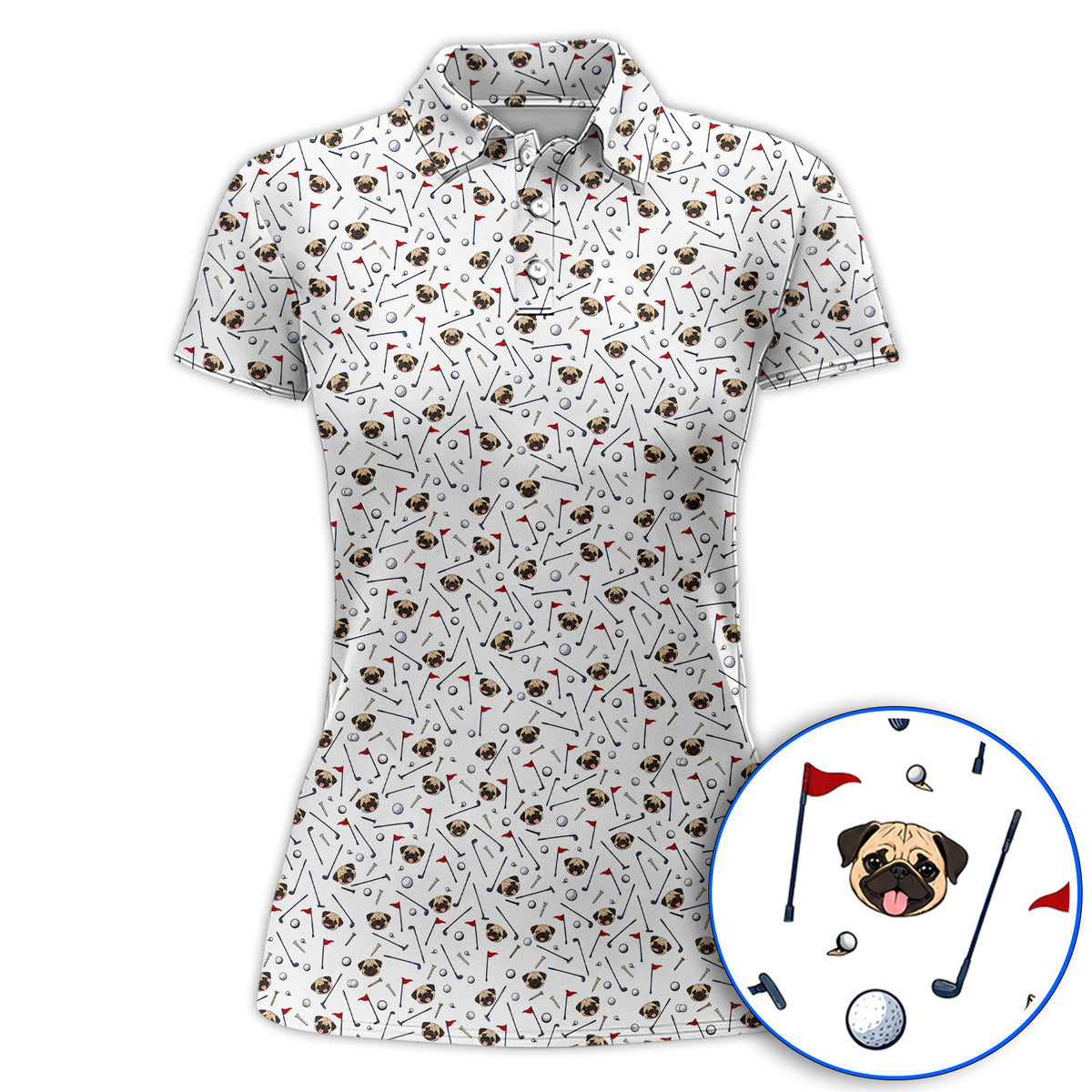 Pug Pattern Golf Polos, Pug Golf Shirt For Dog Lovers, Crazy Golf Gift For Golfers