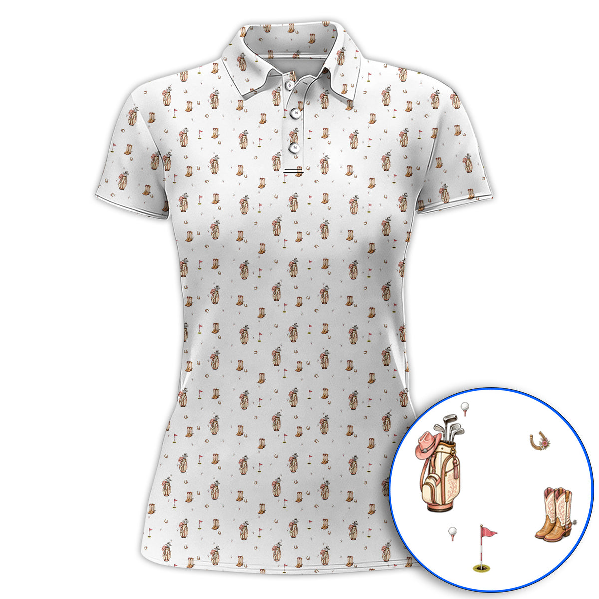 Crazy Cowgirl Golf Polos, Western Boots & Golf Bag Pattern Shirt, Golf Gift For Golfers