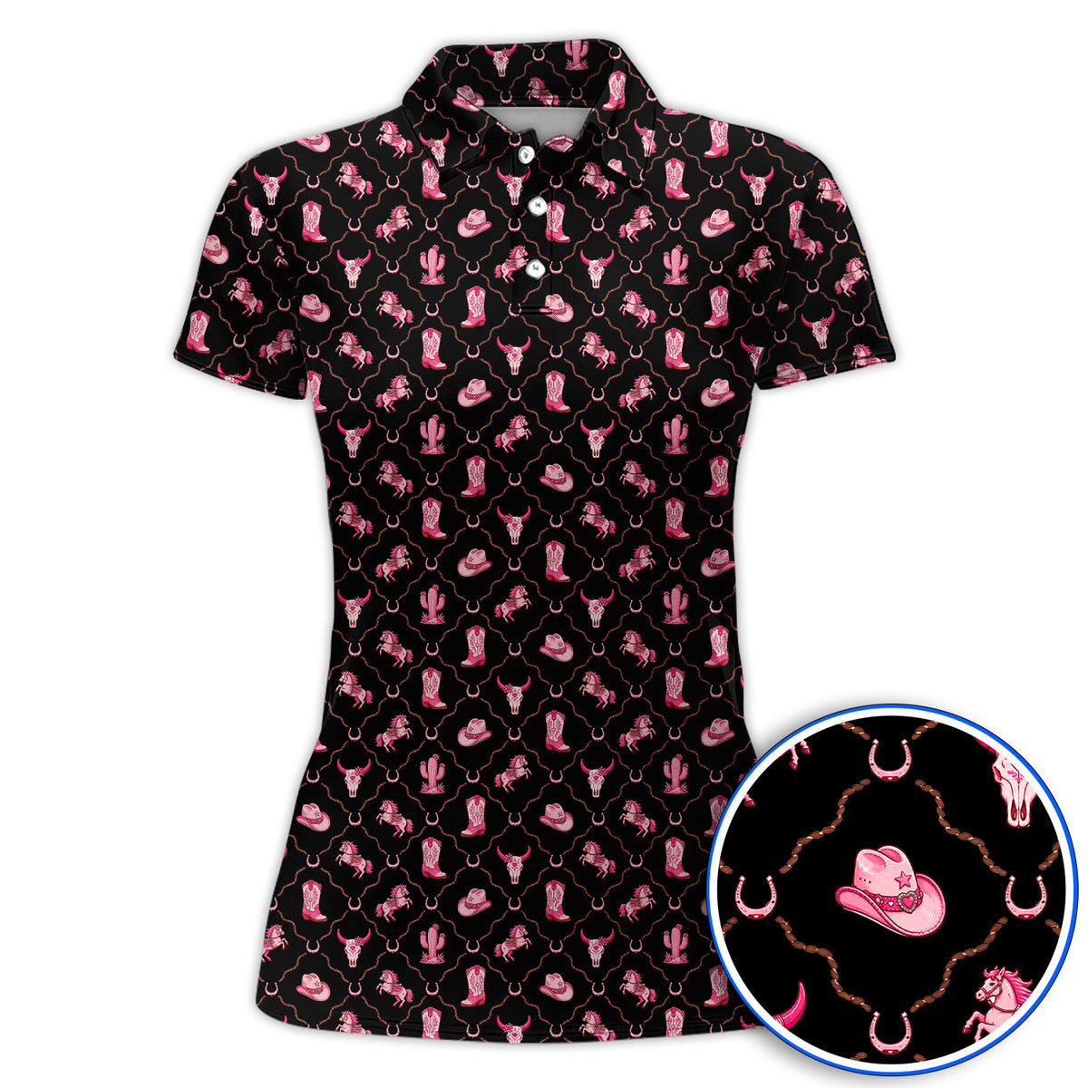 Pink Cowgirl Golf Shirt, Western Rodeo Pattern Golf Polos, Funny Golf Gift For Golfers