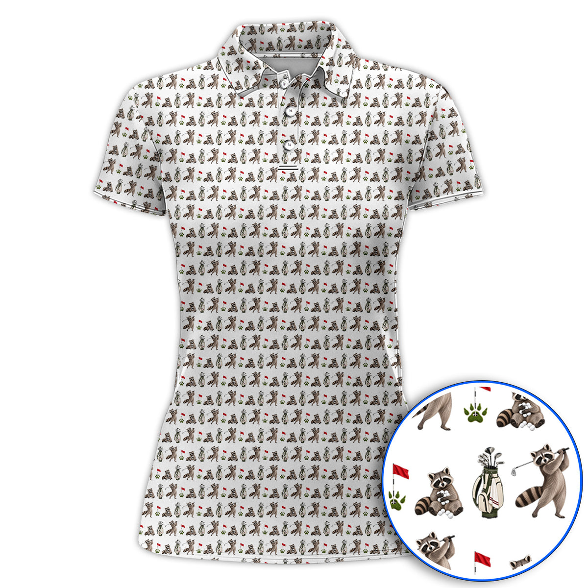 Raccoon Golf Pattern Polos, Funny Raccoon Golf Shirt, Woodland Golf Gift For Golfers