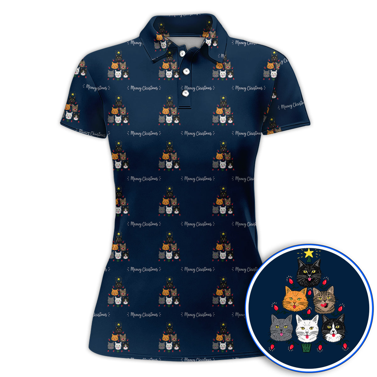 Meowy Christmas Cat Golf Polos, Festive Cat Christmas Pattern Golf Shirt, Xmas Golf Gift For Cat Lovers