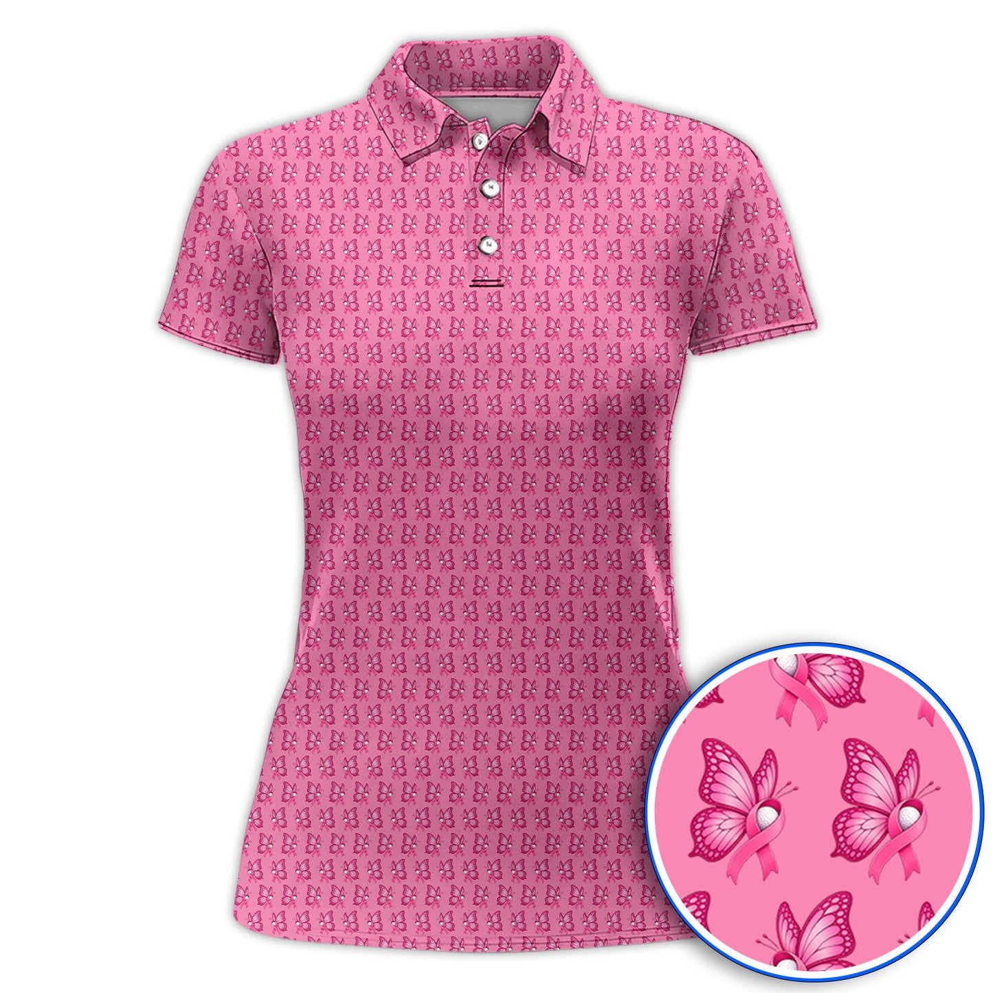Breast Cancer Awareness Golf Polos, Pink Ribbon Butterfly Golf Shirt for Golf Lovers, Support Cancer Awareness Golf Gift