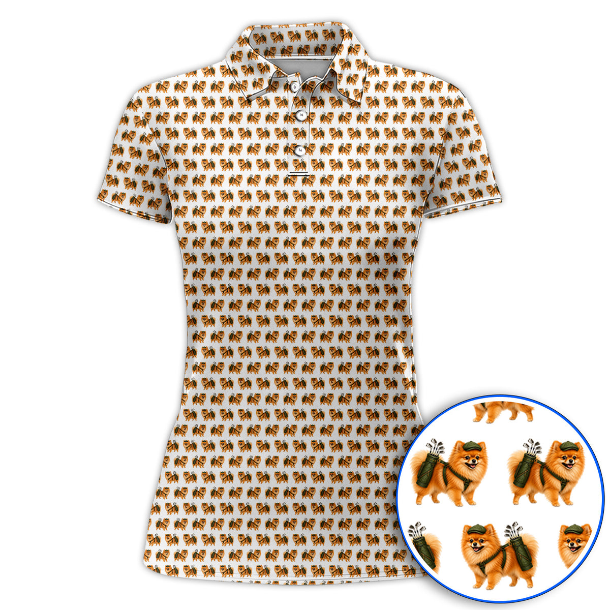Golden Pomeranian Pattern Golf Polos, Cute Pomeranian Dog Golf Shirt, Funny Golf Gift For Golfer