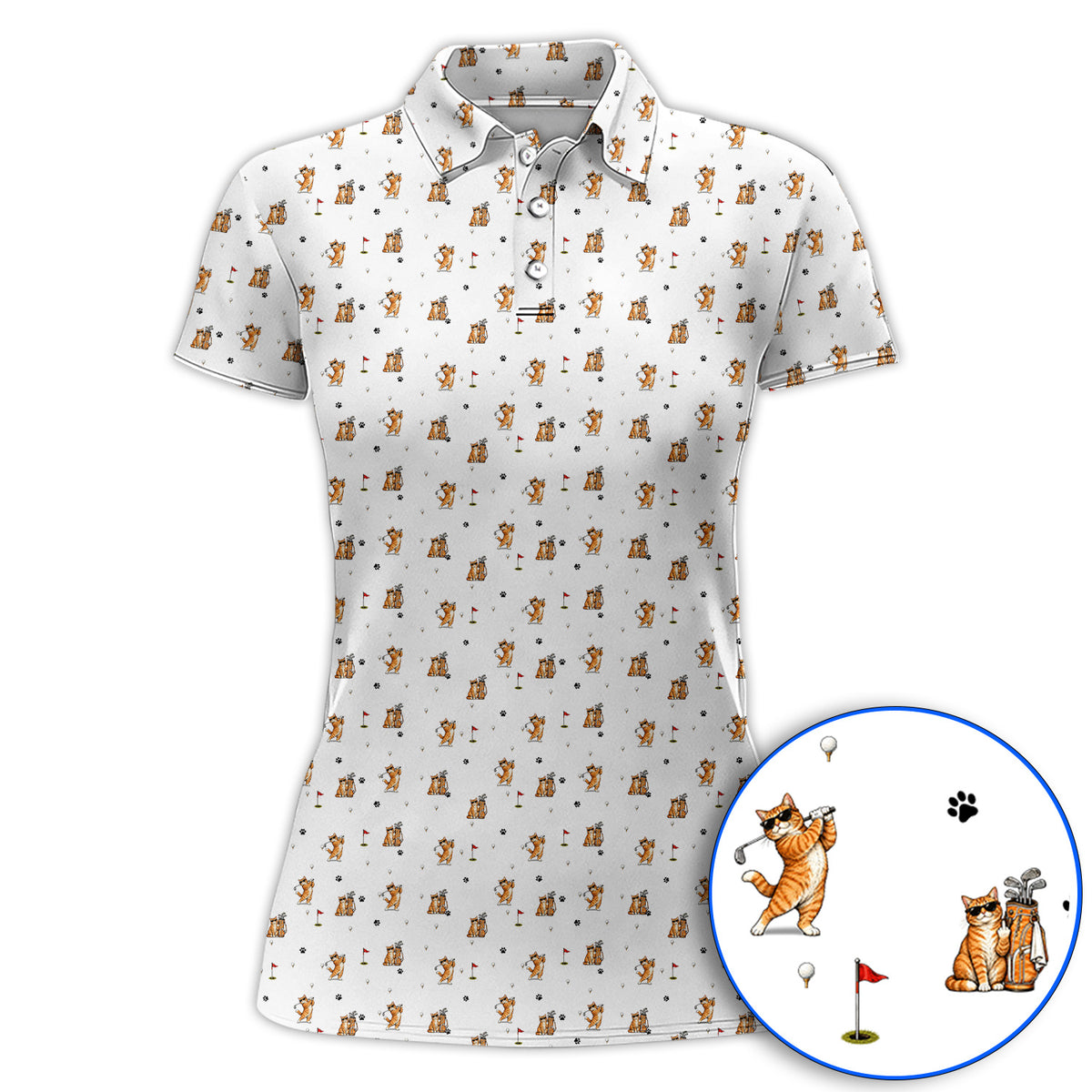 Funny Golf Cat Shirt, Orange Tabby Cat Playing Golf Pattern Polos, Golf Gift For Golfers