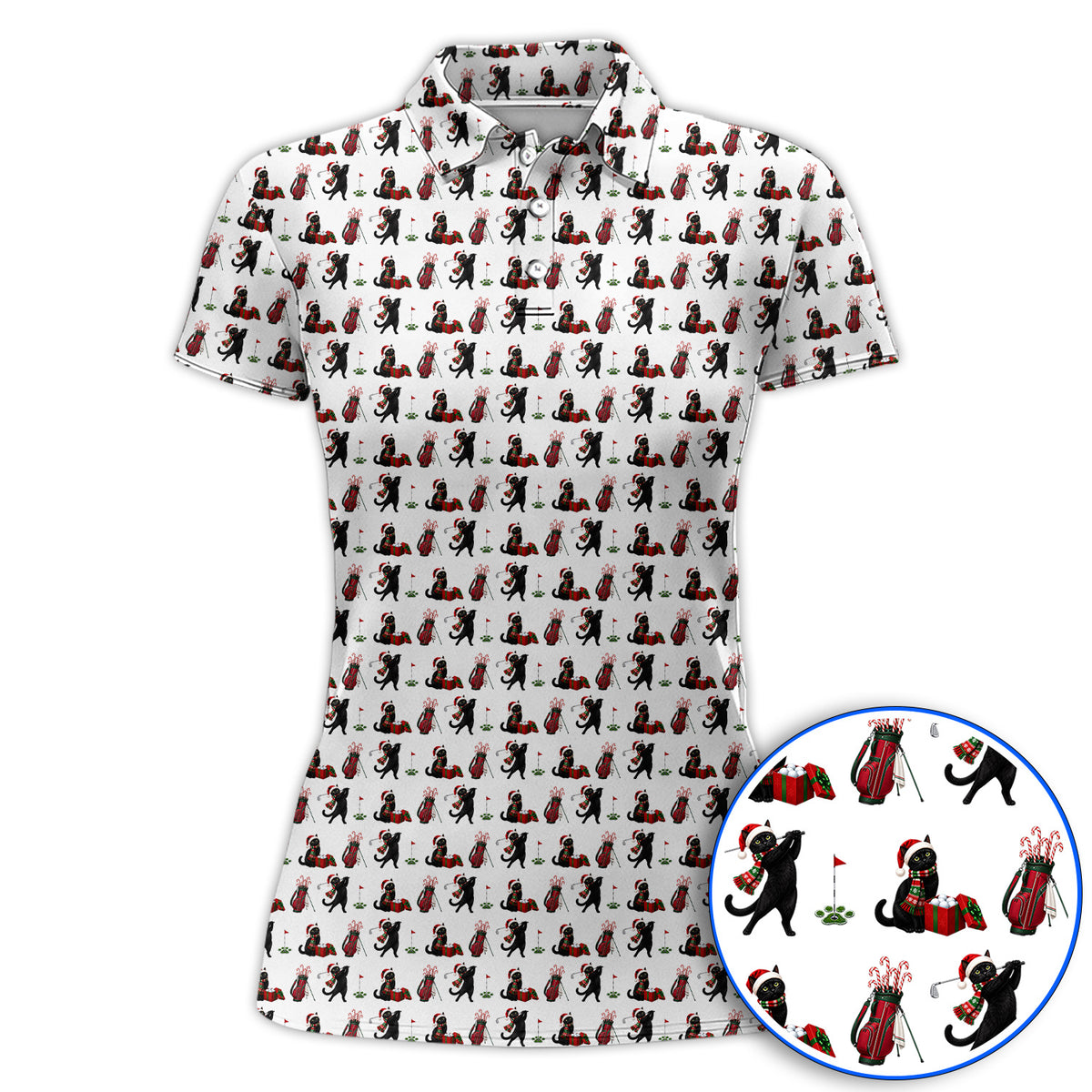 Black Cat Christmas Golf Polos, Festive Cat Patterm Golf Shirt, Funny Holiday Golf Gift For Golfer
