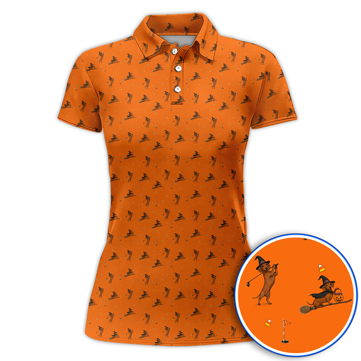 Funny Witch Dachshund Golf Shirt, Halloween Wiener Dog Pattern Golf Polos, Golf Gift for Golfer